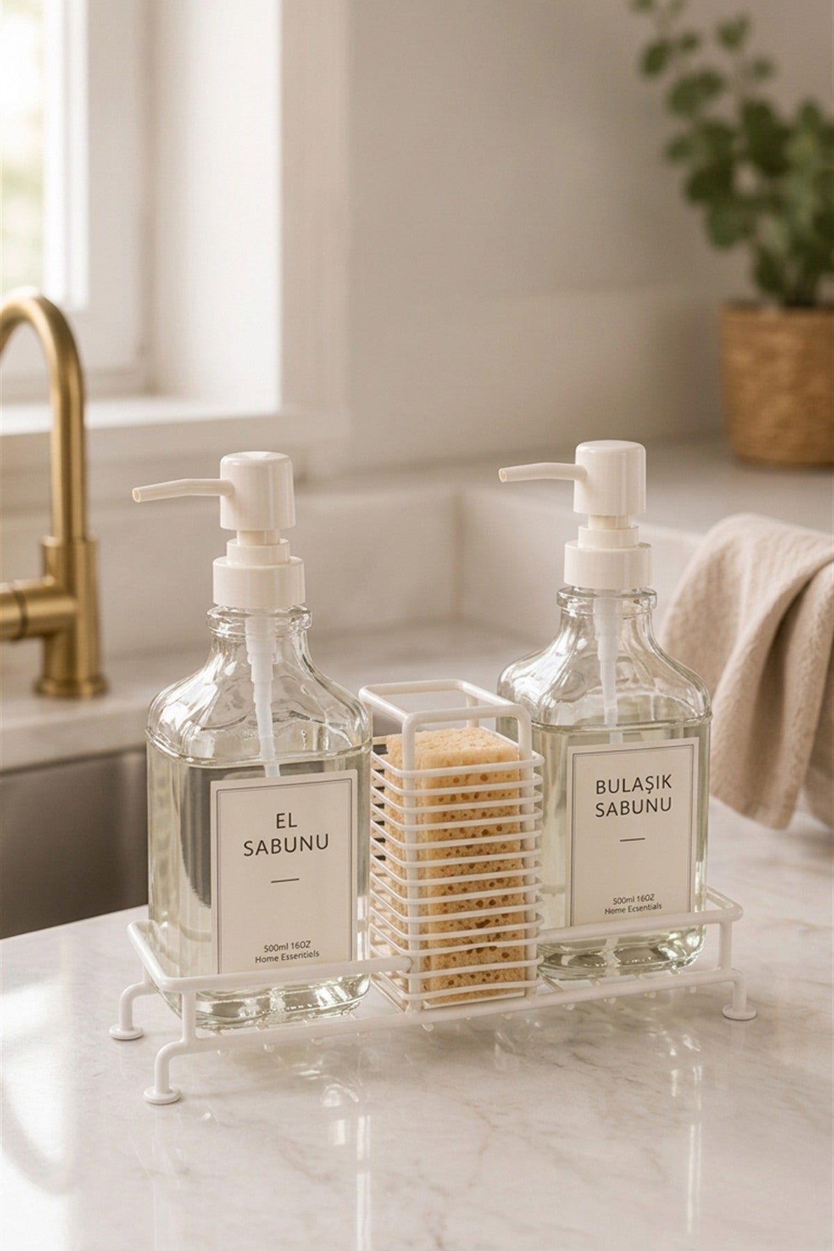 Liva 2’li Cam Sıvı Sabunluk Seti, Metal Stantlı, Süngerlikli, 2 x 500 ml, 24x9,5x23 cm.