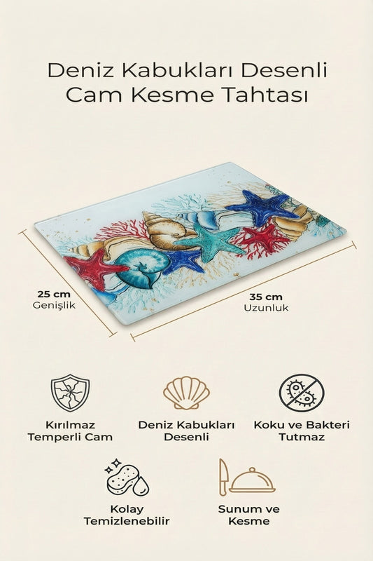 Cam Kesme Tahtası Kırılmaz Temperli 25x35 cm Deniz Kabukları Desenli Kaymaz
