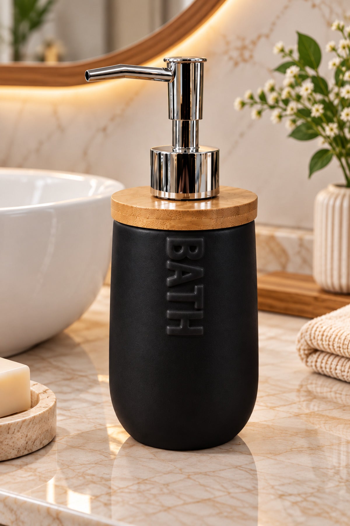 Seramik Sıvı Sabunluk Bambu Kapaklı 460 ml 8,5x20 cm – Siyah