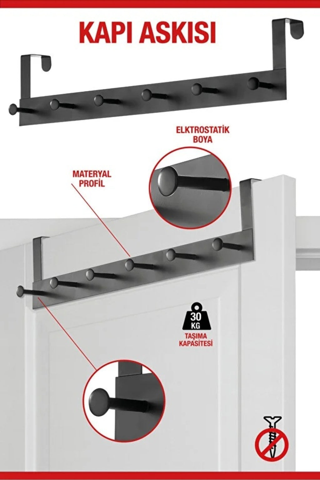 Pratik 6'lı Metal Kapı Arkası Askısı - 30 Kg Taşıma Kapasiteli Siyah, 46.5 Cm
