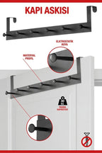 Pratik 6'lı Metal Kapı Arkası Askısı - 30 Kg Taşıma Kapasiteli Siyah, 46.5 Cm
