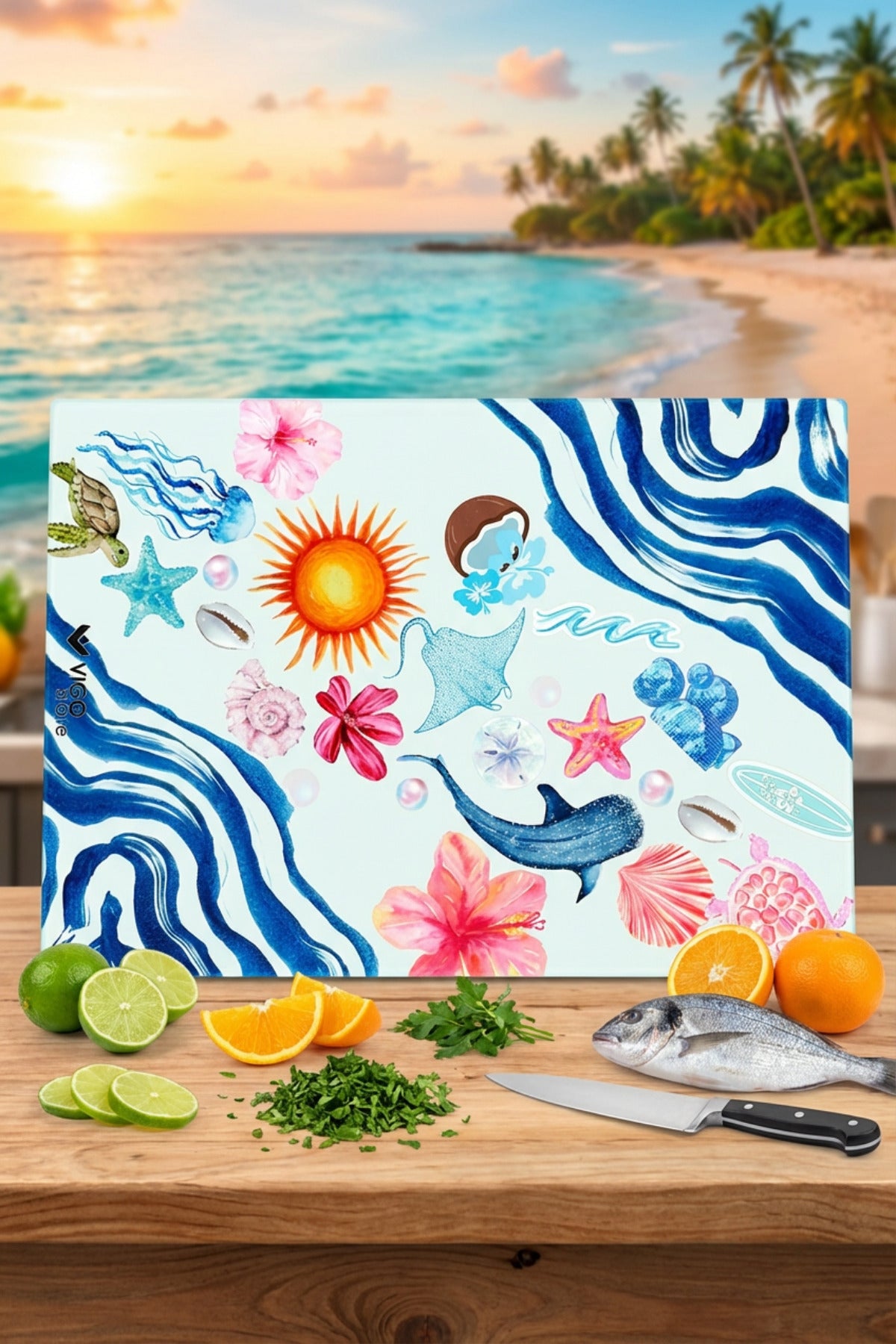 Cam Kesme Tahtası Kırılmaz Temperli 25x35 cm Akdeniz Desenli Cam Kaymaz - Görsel 3