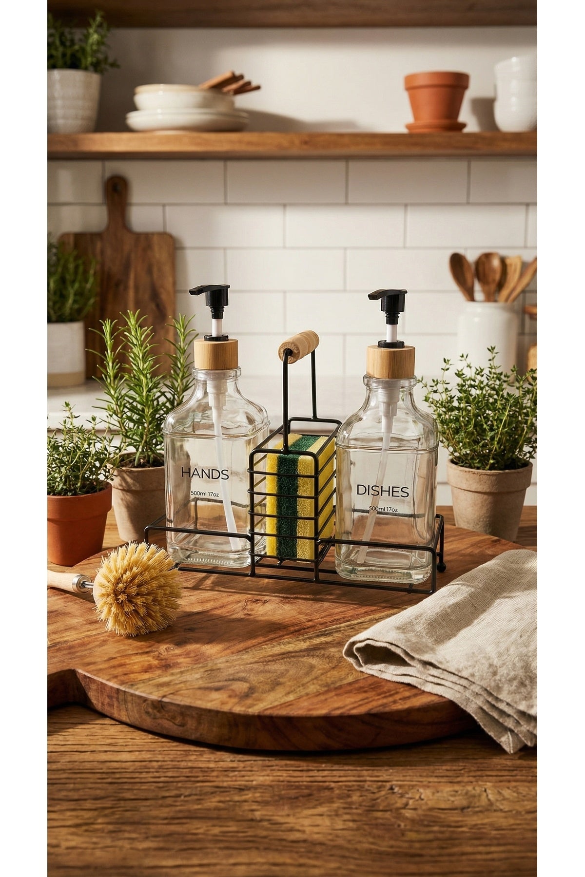 Lüks Bambu Kulplu Metal Stantlı İkili Cam Sıvı Sabunluk 500 ml, 23x9x23,5 cm