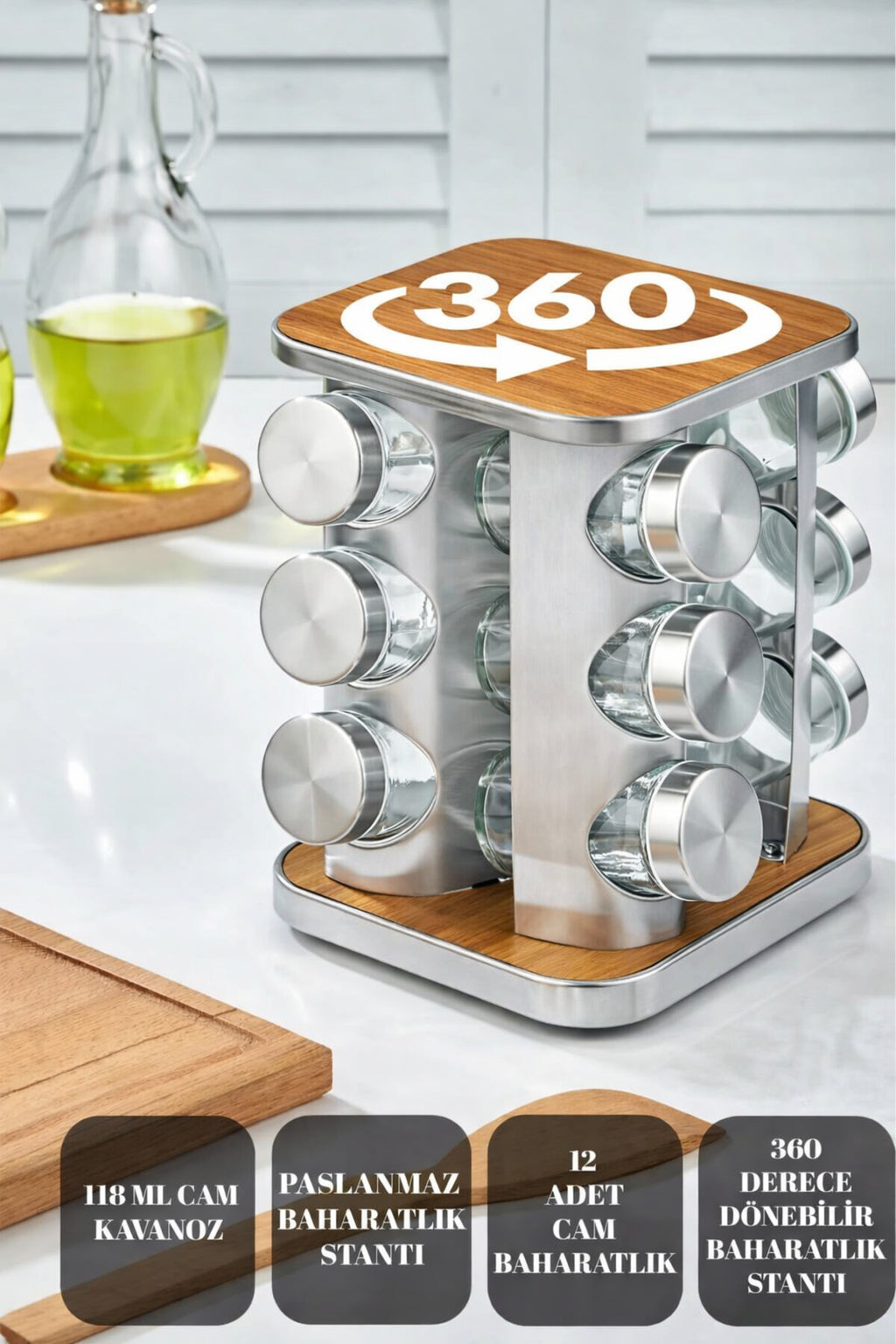 12’li Ahşap Krom Kare Döner Baharatlık, 360° Paslanmaz Stantlı, 118 ml Cam Kavanoz, 19 x 23 cm