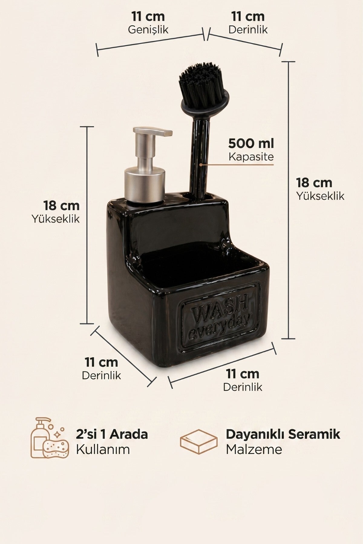 500 ml Seramik Sıvı Sabunluk Deterjanlık Fırçalık, 11x11x18 cm – Siyah
