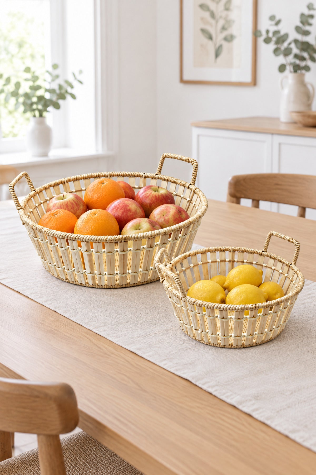 2'li Yuvarlak Bambu Hasır Kulplu Sepet Seti, Ekmek ve Meyve Sepeti, 29 cm + 25 cm
