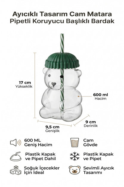 Ayıcıklı Tasarım Cam Matara Pipetli Koruyucu Başlıklı Bardak 600 ml (Yeşil, Sarı, Mavi, Siyah, Kırmızı Renk Seçenekleri)