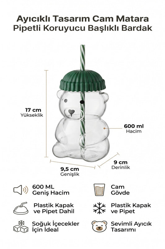 Ayıcıklı Tasarım Cam Matara Pipetli Koruyucu Başlıklı Bardak 600 ml (Yeşil, Sarı, Mavi, Siyah, Kırmızı Renk Seçenekleri)