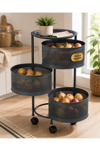 3 Katlı Tekerlekli Metal Sebzelik, Antrasit, Yana Açılır Sepetli, Üst Tablalı, 60 cm