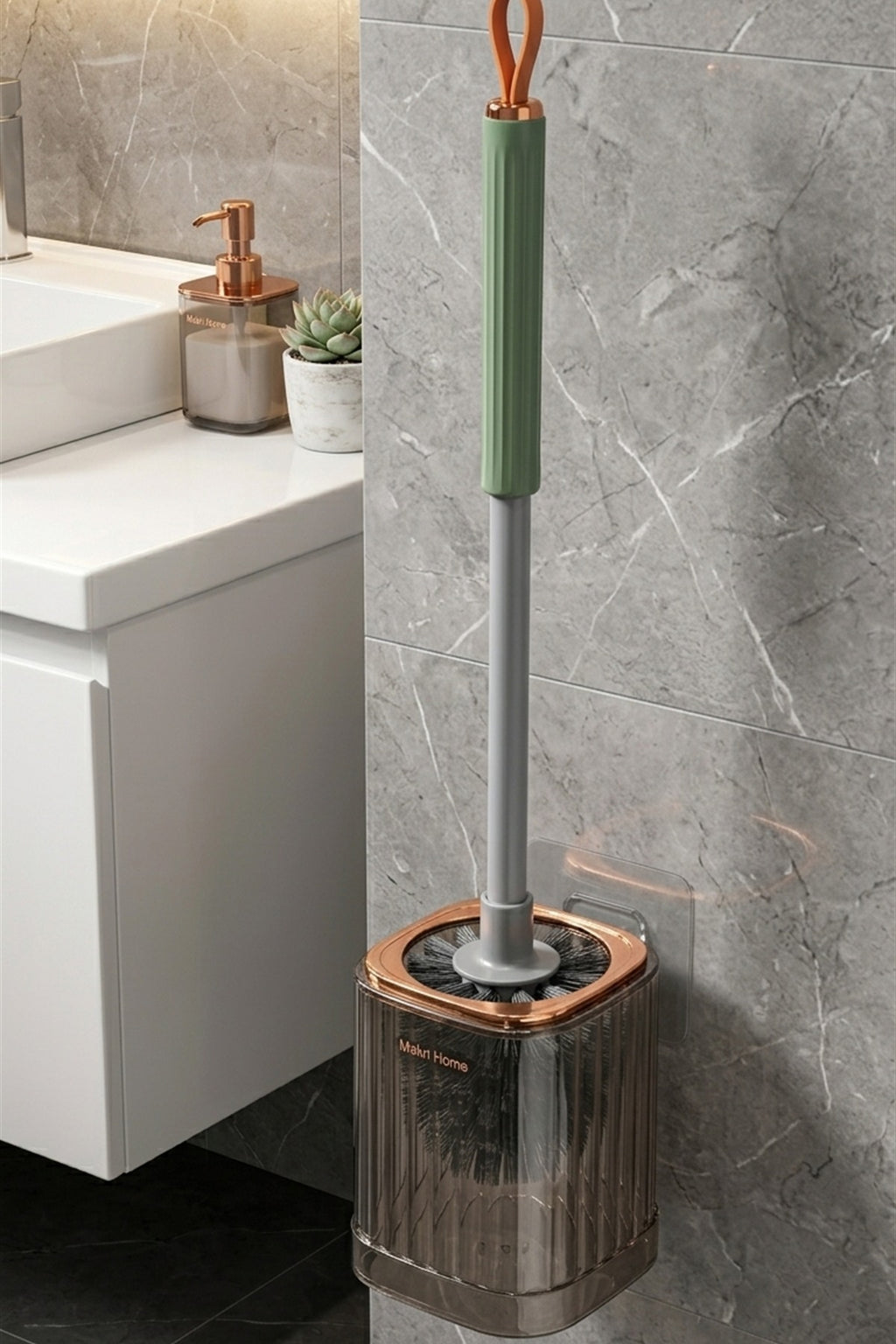 Duvara Monte Edilebilir Klozet Fırçası ve Fırçalık Seti, Yeşil Sap, 51 cm