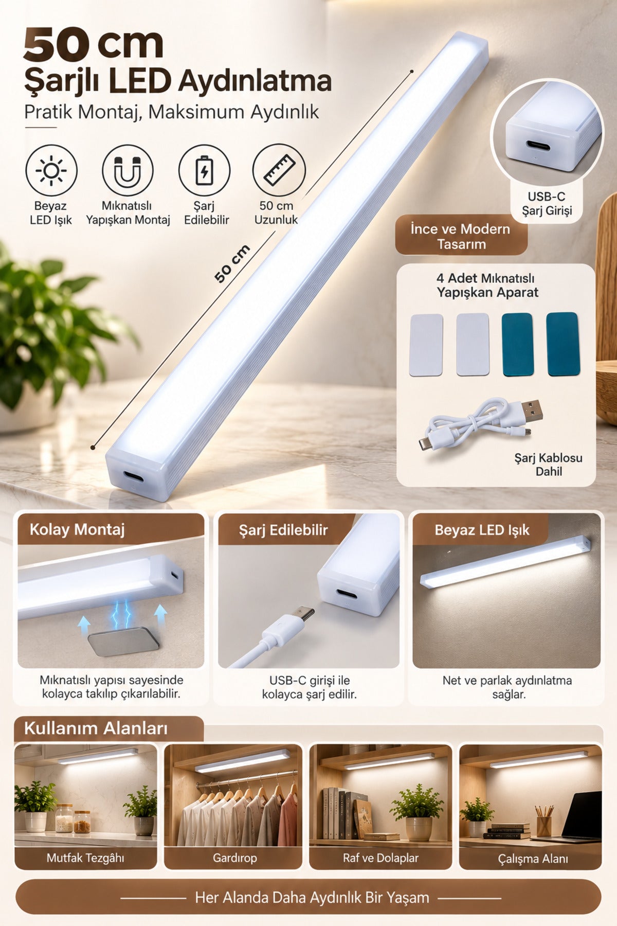 50 cm Şarjlı LED Dolap Altı Aydınlatma Beyaz Işık Mıknatıslı Yapışkanlı