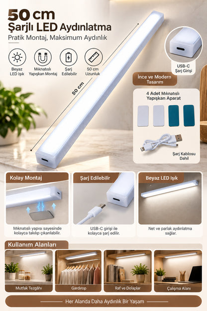 50 cm Şarjlı LED Dolap Altı Aydınlatma Beyaz Işık Mıknatıslı Yapışkanlı