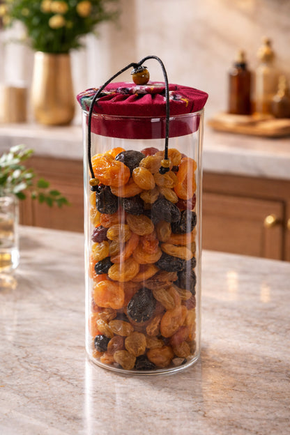 1000 ml Borosilikat Cam Hava Geçirmez Kumaş Kaplama Bambu Kapaklı Kavanoz, çap:8 cm, h:25 cm