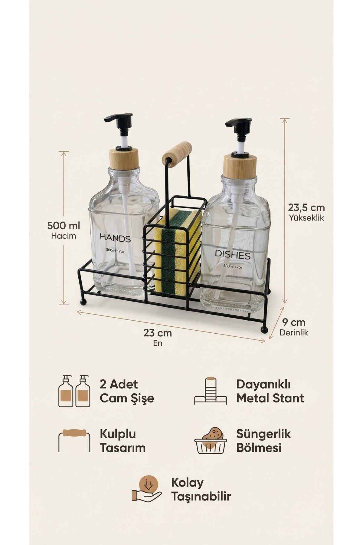 Lüks Bambu Kulplu Metal Stantlı İkili Cam Sıvı Sabunluk 500 ml, 23x9x23,5 cm