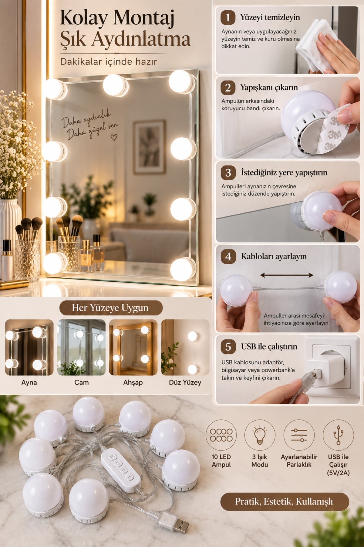 10’lu LED Makyaj Aynası Işığı, 3 Renk Modlu, USB 5V, Ayarlanabilir Parlaklık, Yapışkanlı