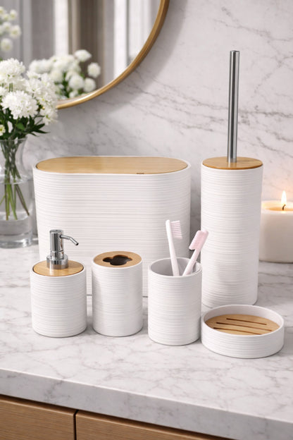 6 Parça Banyo Seti, Bambu Detaylı, 8L Çöp Kovası 24x26x16 cm – Beyaz 317-6-A