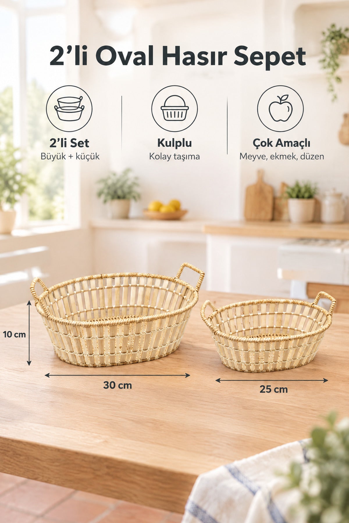 2'li Oval Bambu Hasır Kulplu Sepet Seti, Ekmek ve Meyve Sepeti, 30 cm + 25 cm