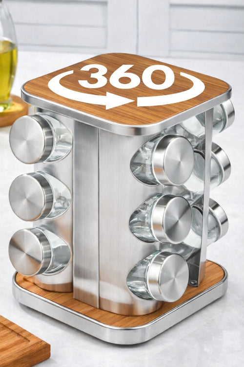 12’li Ahşap Krom Kare Döner Baharatlık, 360° Paslanmaz Stantlı, 118 ml Cam Kavanoz, 19 x 23 cm