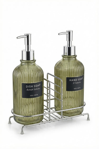2'li Cam Sabunluk/Deterjanlık, 500 ml, Renk Metal Stantlı, 21,5x9x23 cm