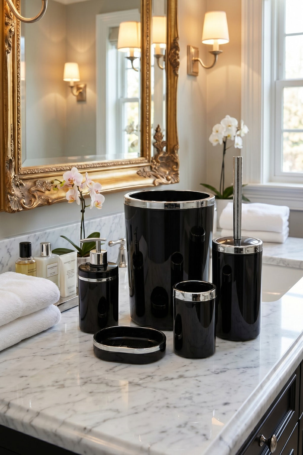 5 Parça Şık ve Kaliteli Akrilik Banyo Seti Siyah & Gümüş Detaylı