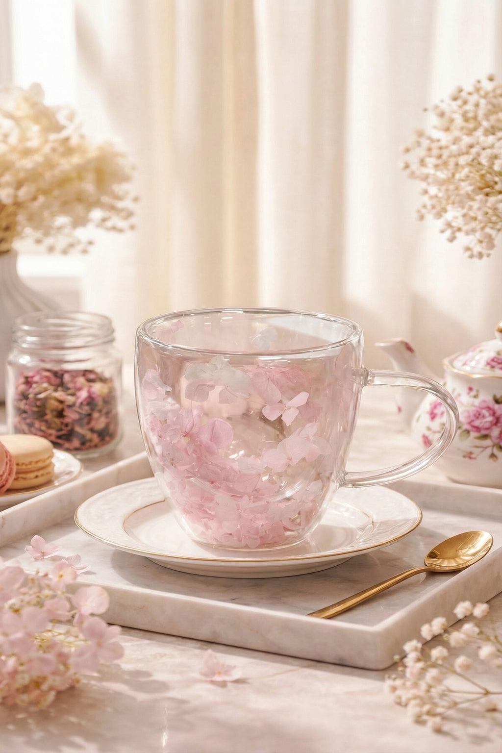 Pembe Beyaz Çiçekli Çift Cidarlı Cam Kupa, 350 ml, 11 cm x 8 cm - görsel 5