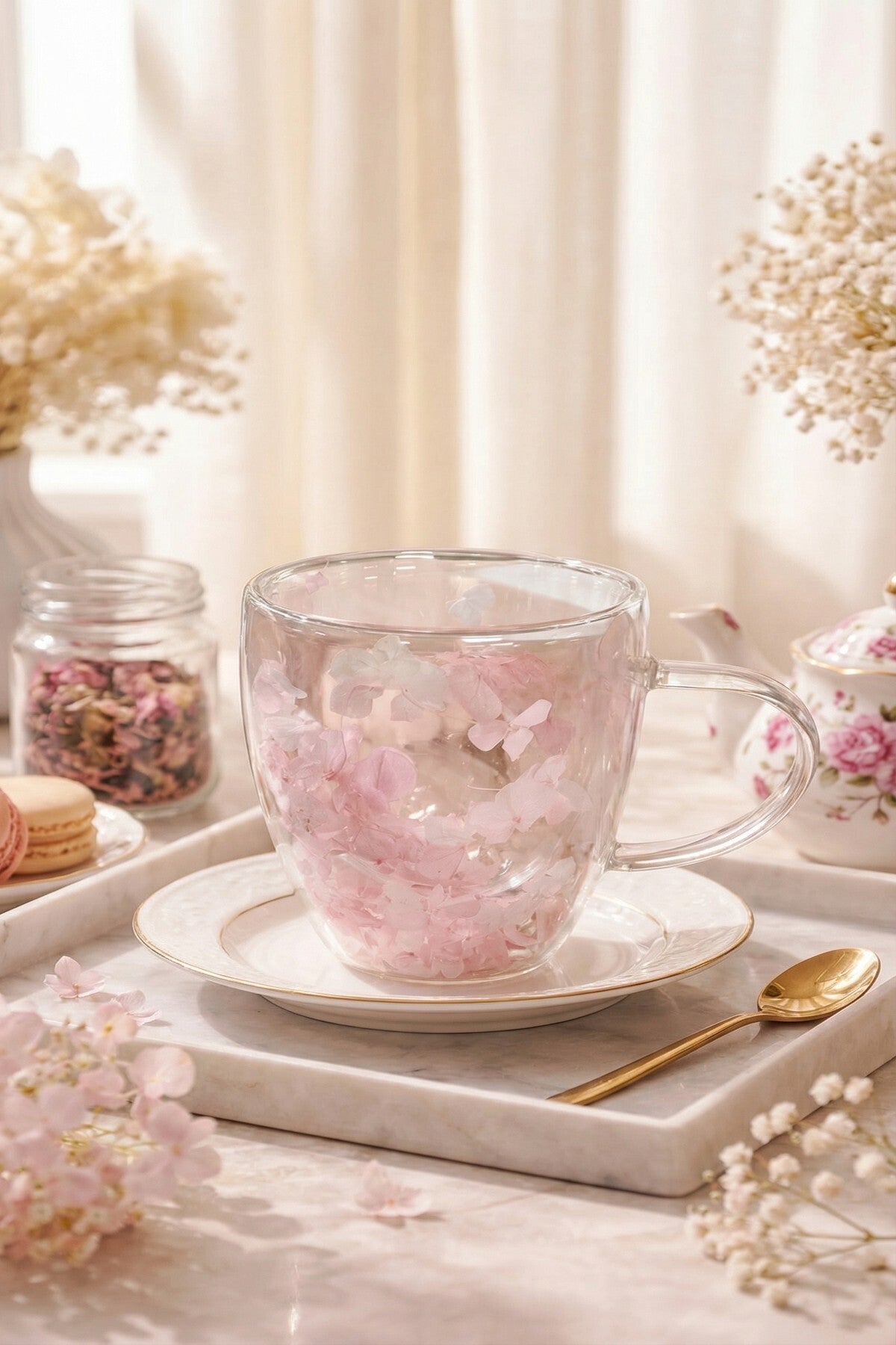 Pembe Beyaz Çiçekli Çift Cidarlı Cam Kupa, 350 ml, 11 cm x 8 cm - görsel 5