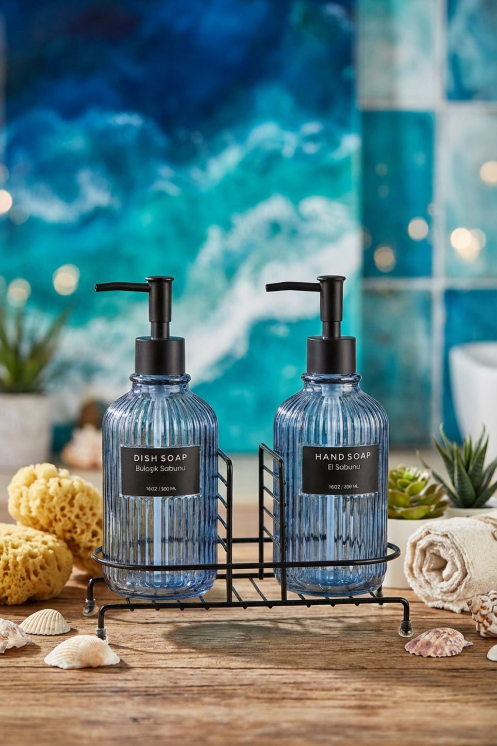 Modern Çizgili Yuvarlak Cam Ikili Sıvı Sabunluk & Deterjanlık Seti, Mavi - 500 Ml Cam Sabunluk