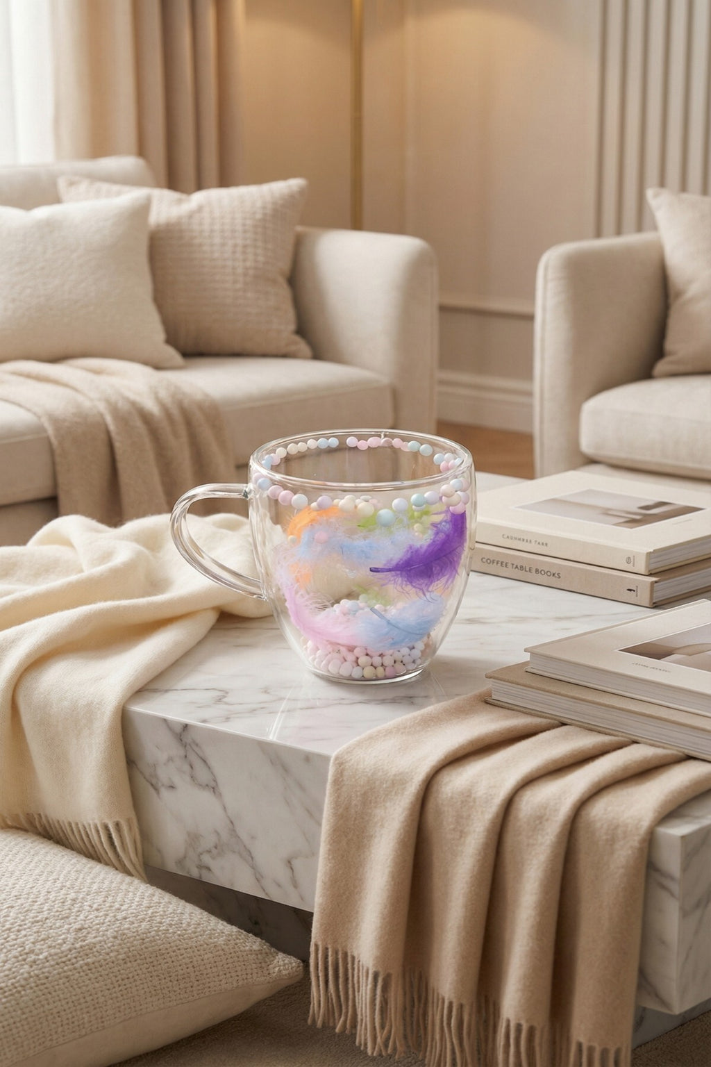 Boncuklu Tüylü Çift Cidarlı Cam Kupa, 350 ml, 11 cm x 8 cm - görsel 6