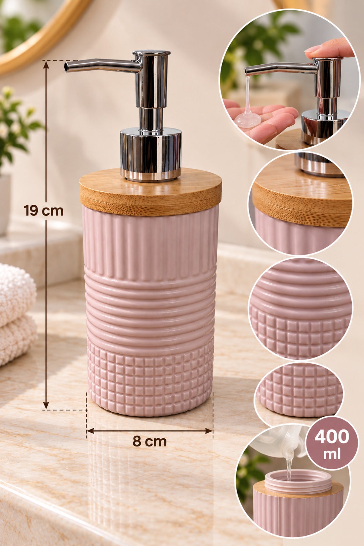 400 ml Bambu Kapaklı Sıvı Sabunluk, Desenli Seramik, 8x19 cm