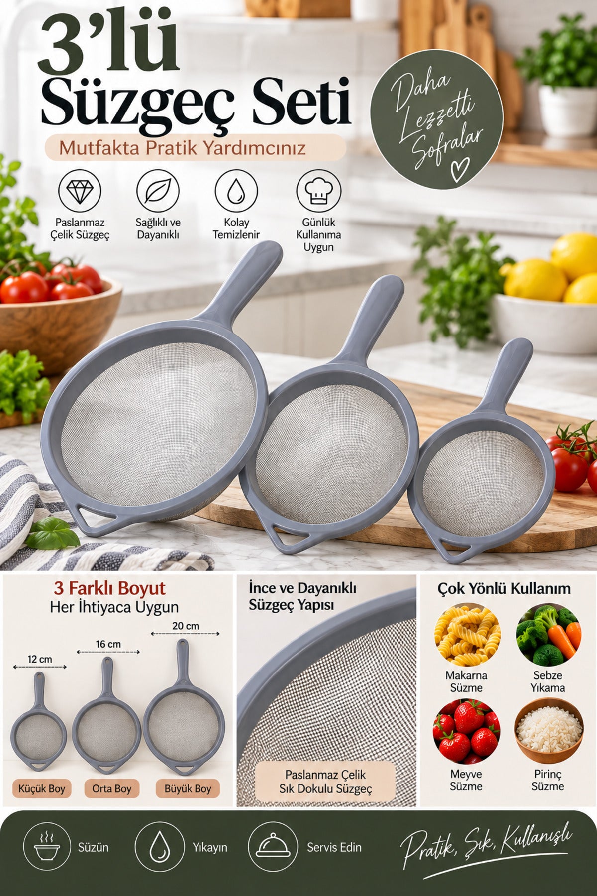 Süzgeç Paslanmaz 3'lü Set 12 Cm-16 Cm-20 cm