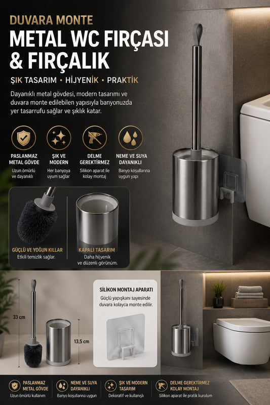 Metal WC Klozet Fırçası ve Fırçalık, Duvara Monte Edilebilir, 47 cm.