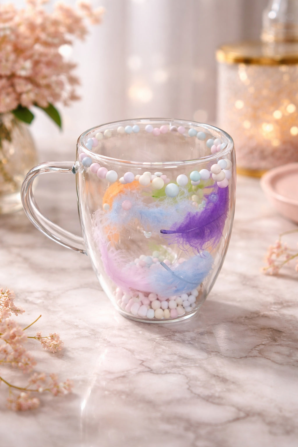 Boncuklu Tüylü Çift Cidarlı Cam Kupa, 350 ml, 11 cm x 8 cm