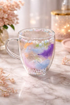 Boncuklu Tüylü Çift Cidarlı Cam Kupa, 350 ml, 11 cm x 8 cm