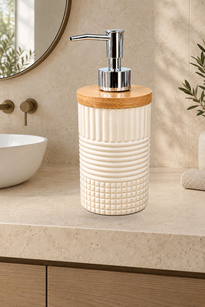 400 ml Bambu Kapaklı Sıvı Sabunluk, Desenli Seramik, 8x19 cm