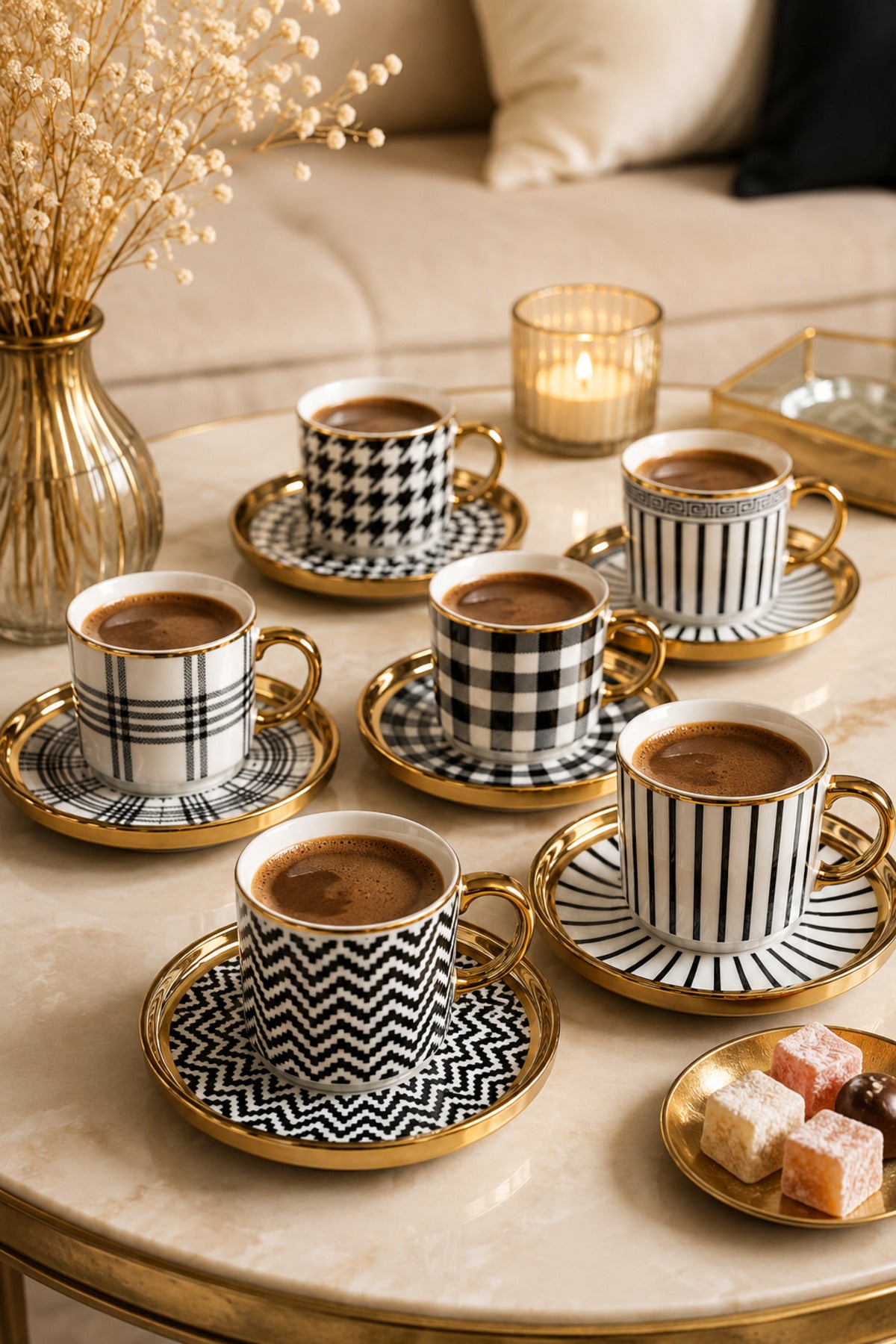6 Kişilik 12 Parça Gold Detaylı Desenli Kahve Fincan Takımı