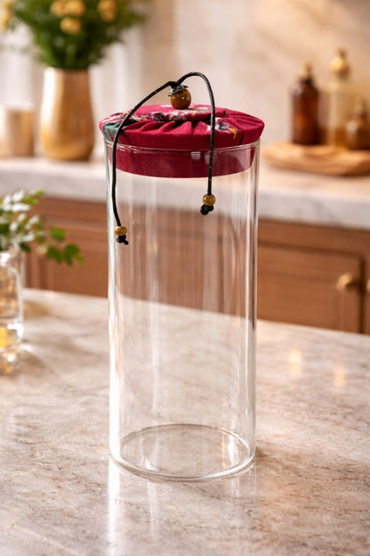 1000 ml Borosilikat Cam Hava Geçirmez Kumaş Kaplama Bambu Kapaklı Kavanoz, çap:8 cm, h:25 cm – Kırmızı