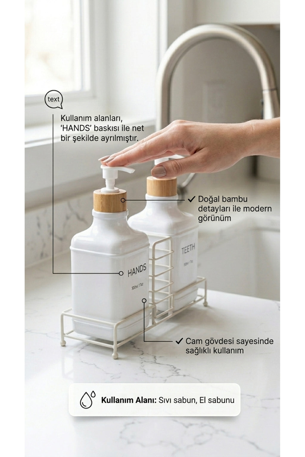 Stantlı Bambu Kapaklı İkili Cam Sıvı Sabunluk & Deterjanlık Seti – 2×500 ml, 22,5 × 8,5 × 24 cm