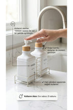Stantlı Bambu Kapaklı İkili Cam Sıvı Sabunluk & Deterjanlık Seti – 2×500 ml, 22,5 × 8,5 × 24 cm