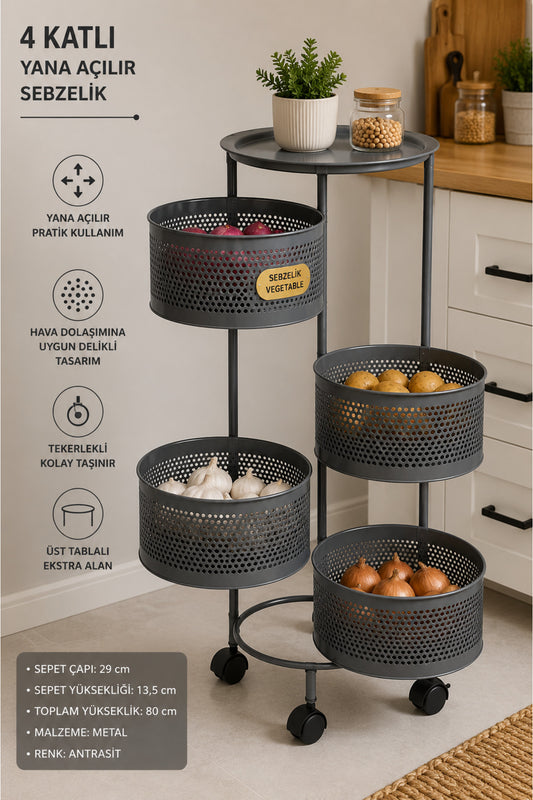 4 Katlı Yana Açılır Metal Sebzelik, Antrasit, Tekerlekli, Üst Tablalı, 80 cm