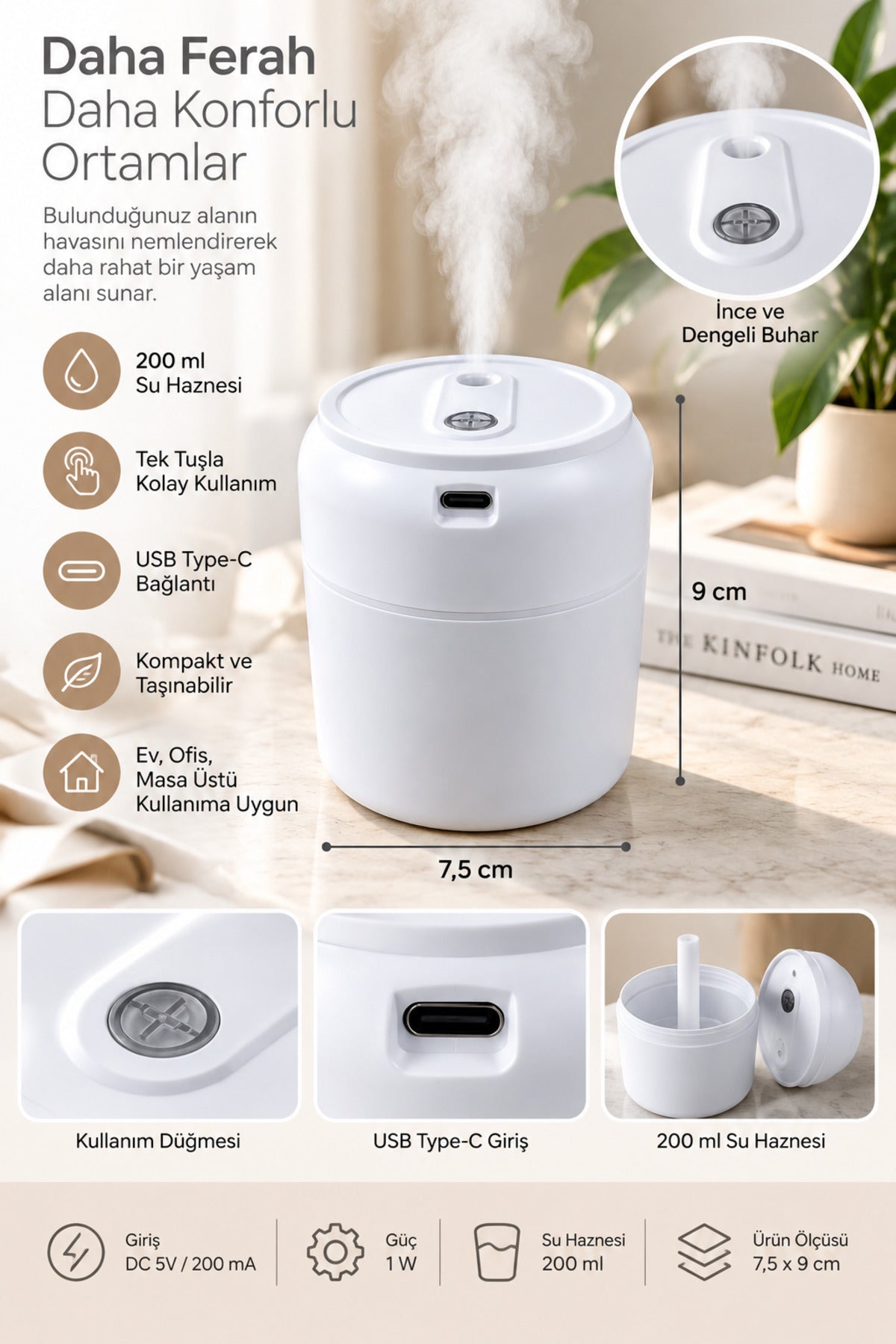 Mini Hava Nemlendirici 200 ml, USB Type-C, 7,5 x 9 cm