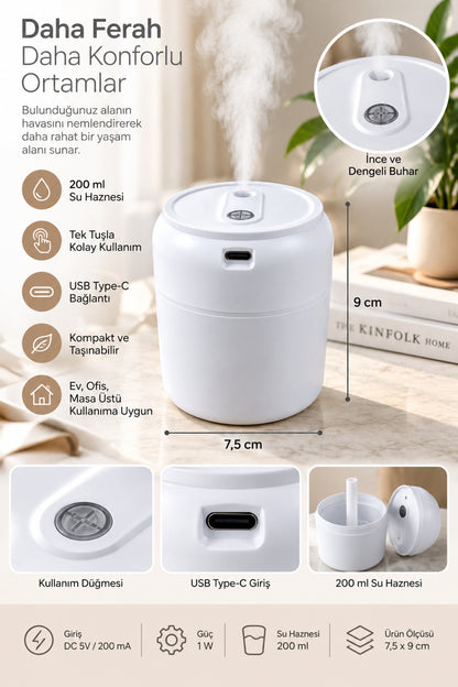 Mini Hava Nemlendirici 200 ml, USB Type-C, 7,5 x 9 cm