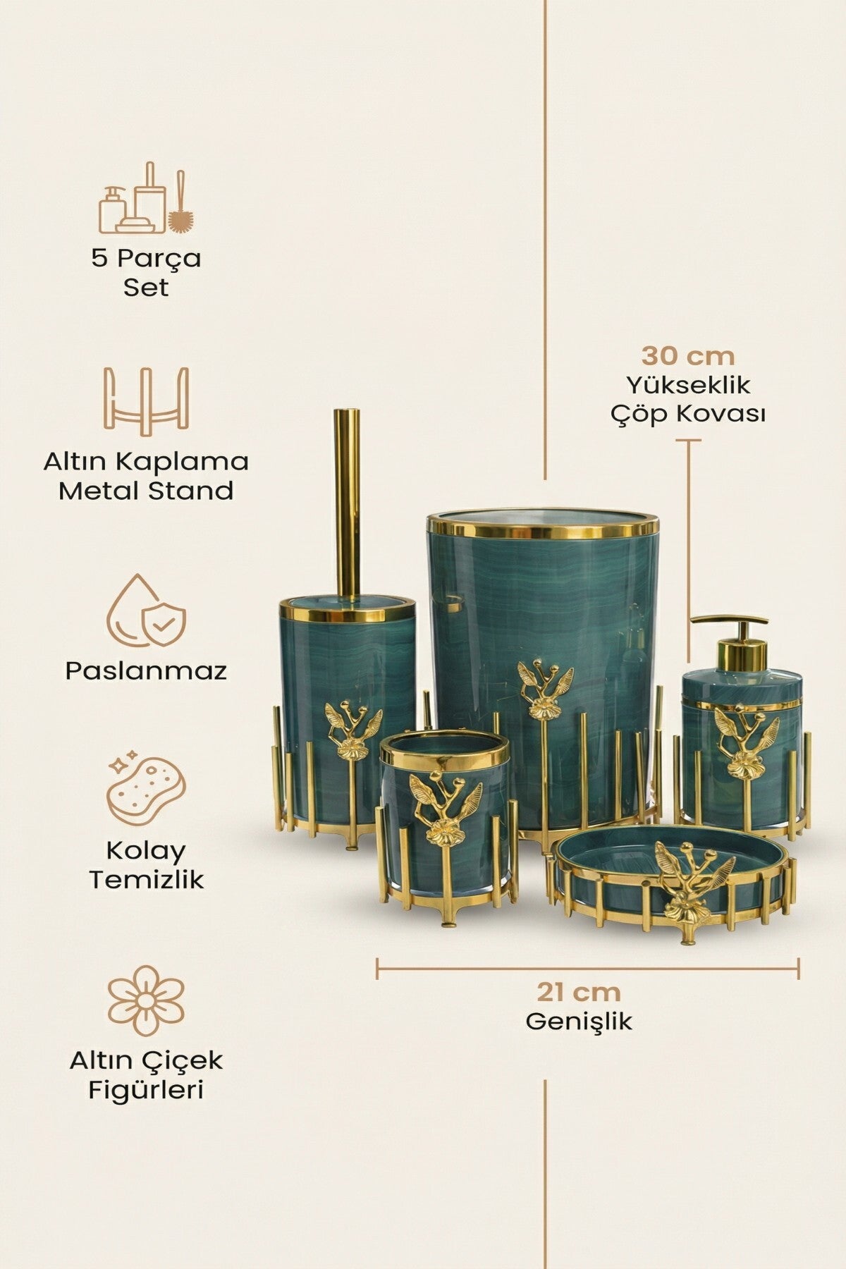 Gold Kaplama Metal Stantlı 5 Parça Mermer Desenli ve Düz Renk Seçenekli Banyo Aksesuar Takımı