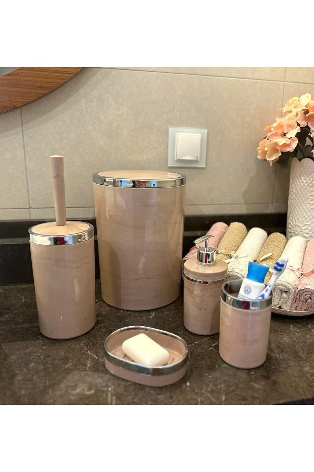 Banyo Seti 5'li,yuvarlak,akrilik-çöpkovası, Wcfırçalık,sıvı Sabunluk,diş Fırçalık,el Sabunluk