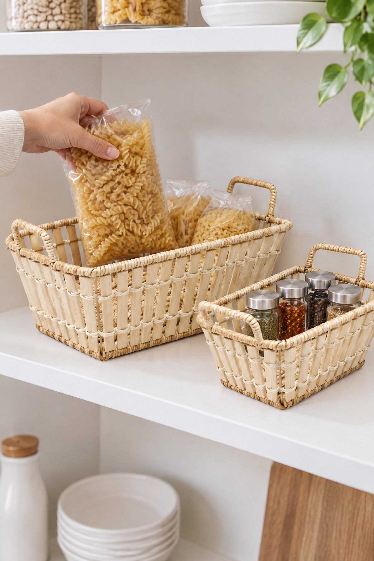 2'li Dikdörtgen Bambu Hasır Kulplu Düzenleyici Sepet Seti, 30x24,5 cm + 26x21 cm