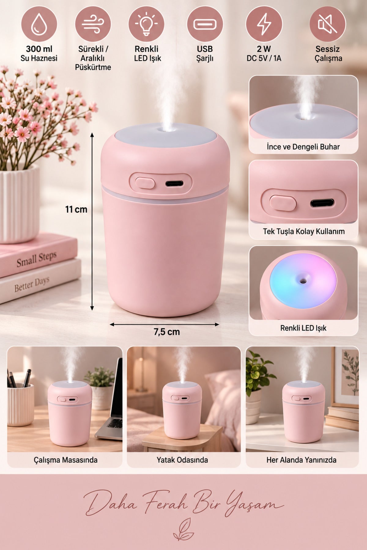 Hava Nemlendirici 300 ml, USB Şarjlı, LED Işıklı, 7,5 x 11 cm