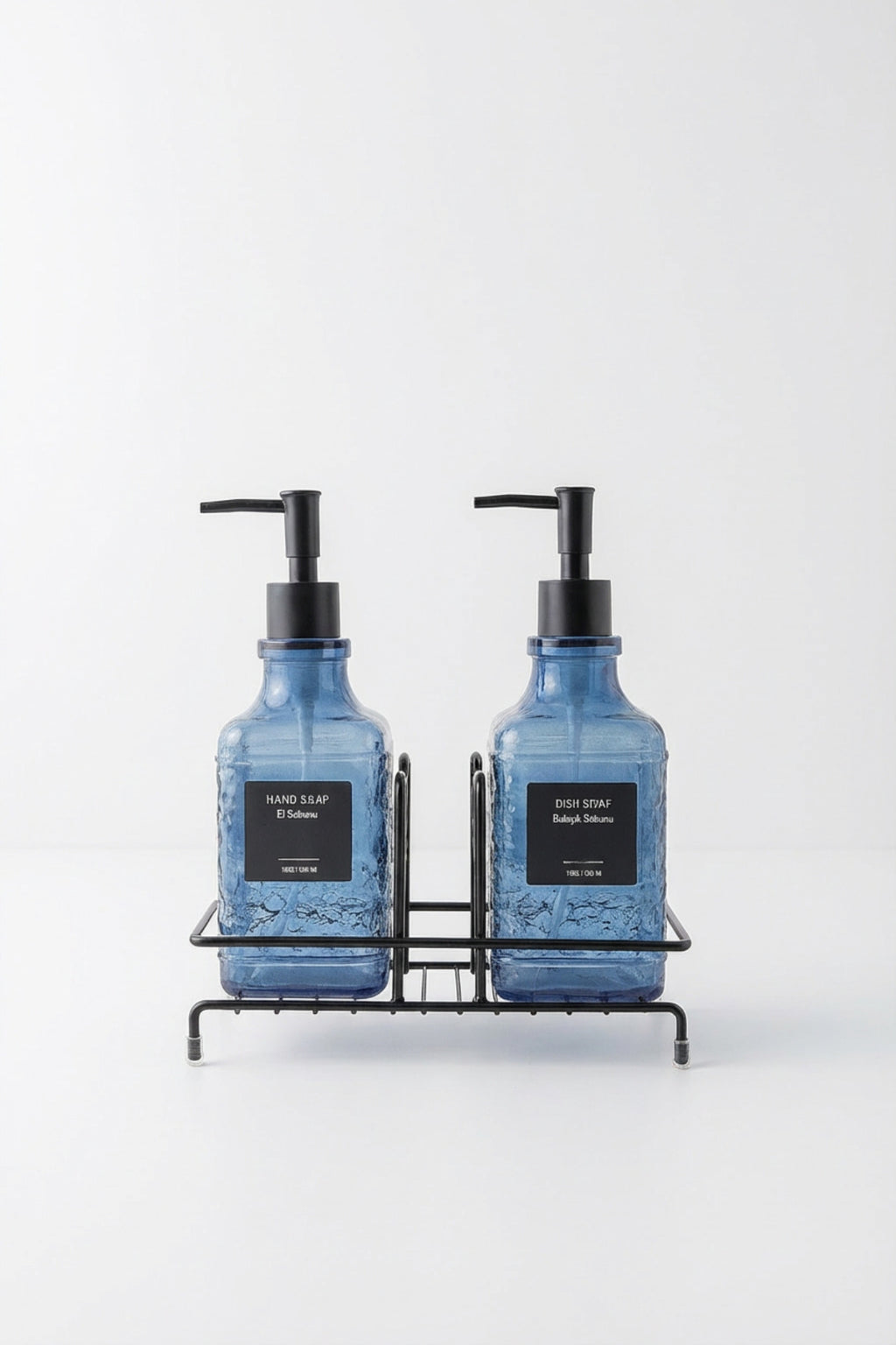 Modern Kabartma Desenli Cam Ikili Sıvı Sabunluk & Deterjanlık Seti, Mavi - 500 Ml Cam Sabunluk