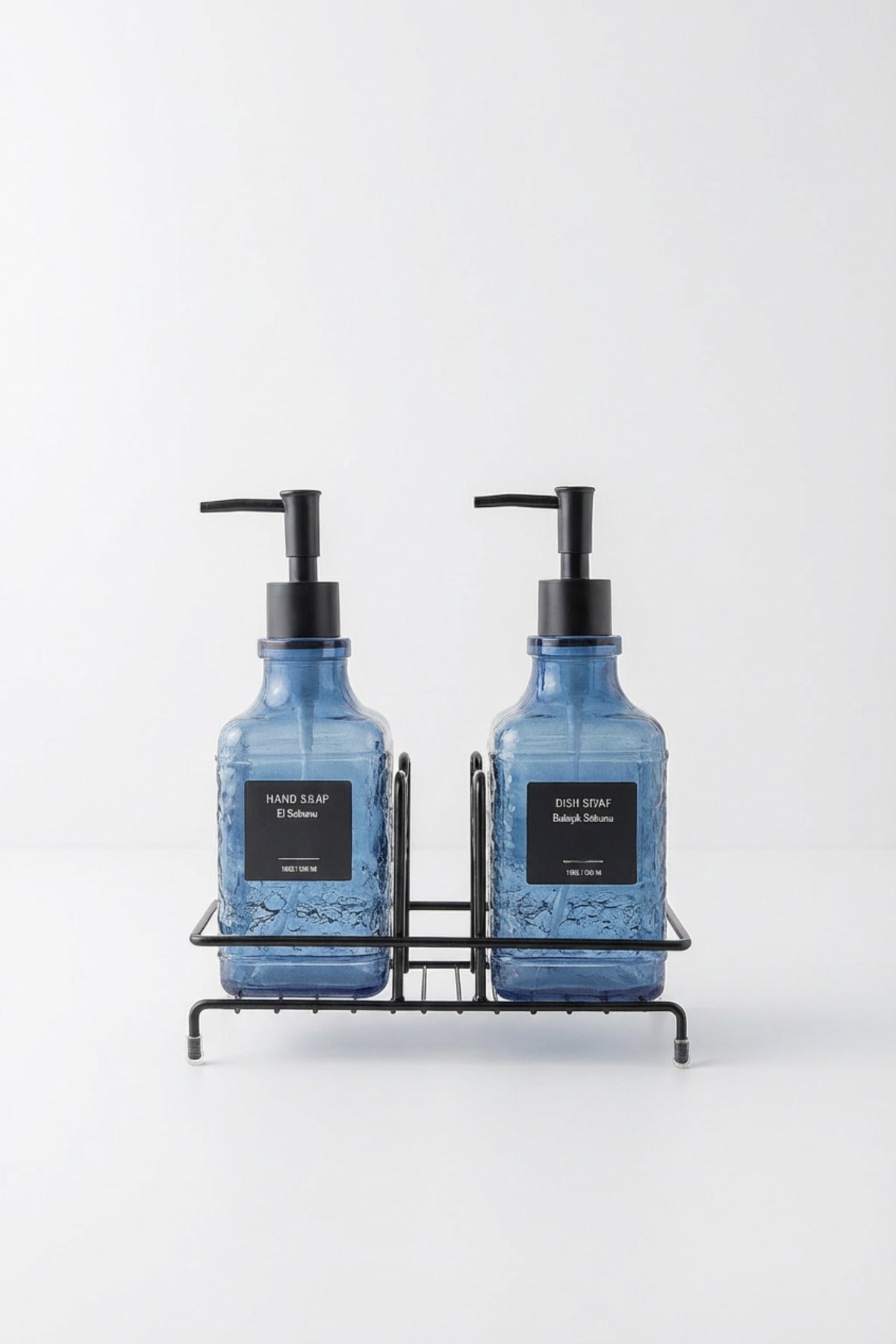 Modern Kabartma Desenli Cam Ikili Sıvı Sabunluk & Deterjanlık Seti, Mavi - 500 Ml Cam Sabunluk