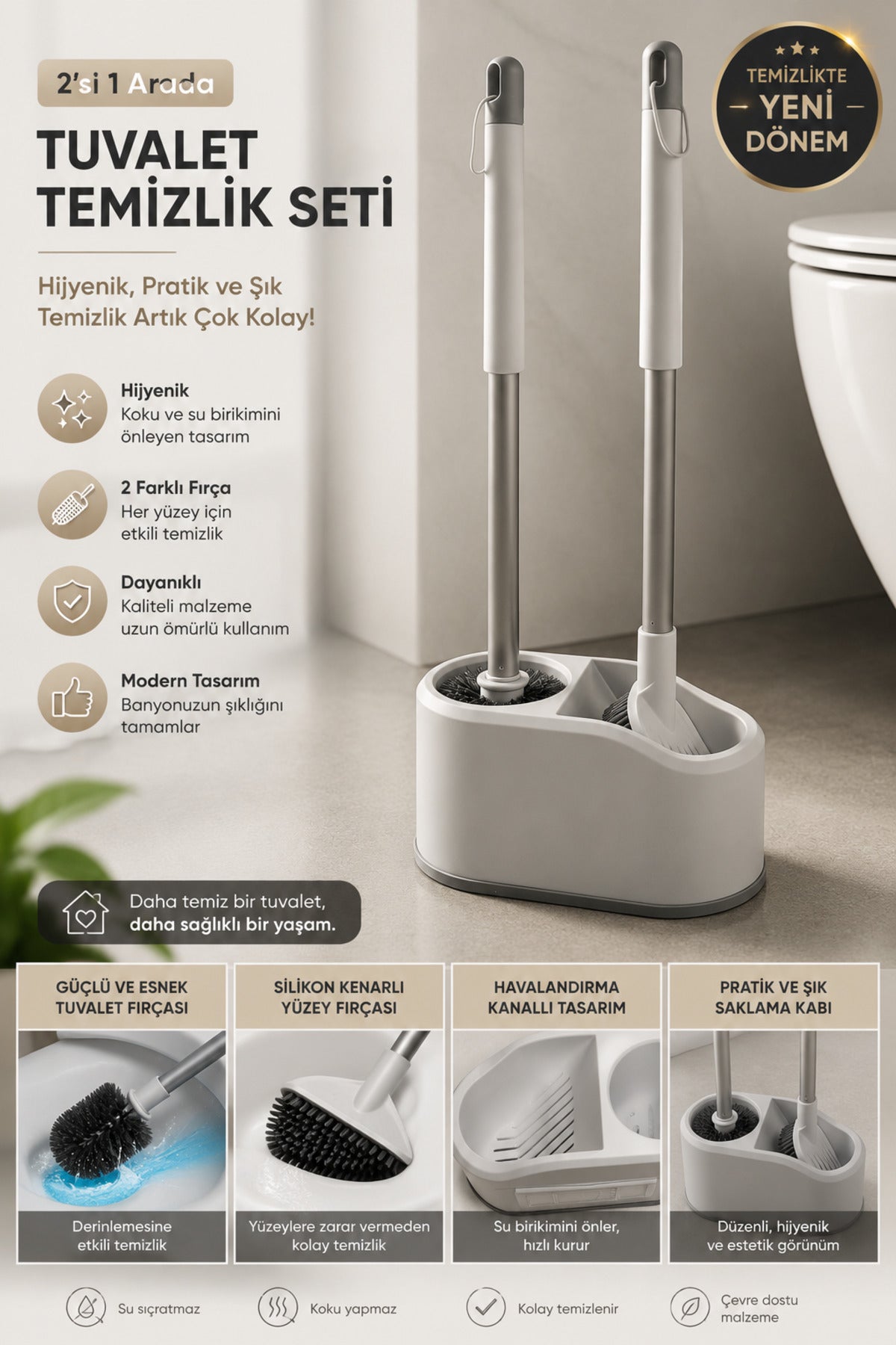 Çift Fırçalı WC Temizlik Seti, Beyaz, Duvara Monte Edilebilir, 51 cm