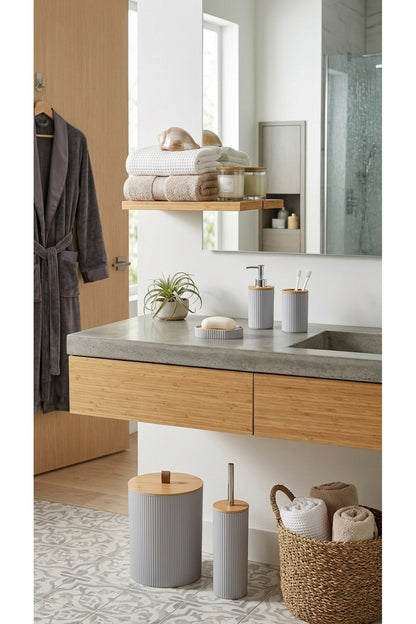 5 Parça Yuvarlak Banyo Seti, Bambu Kapaklı, Hacim: 7 litre