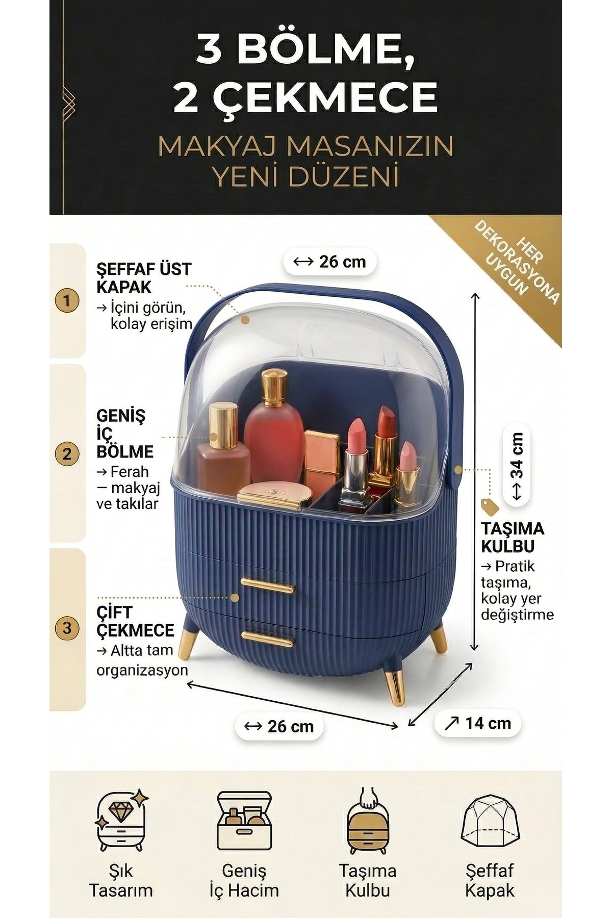 Çekmeceli Makyaj, Takı ve Kozmetik Ürün Düzenleyici, Gri Renk Organizer